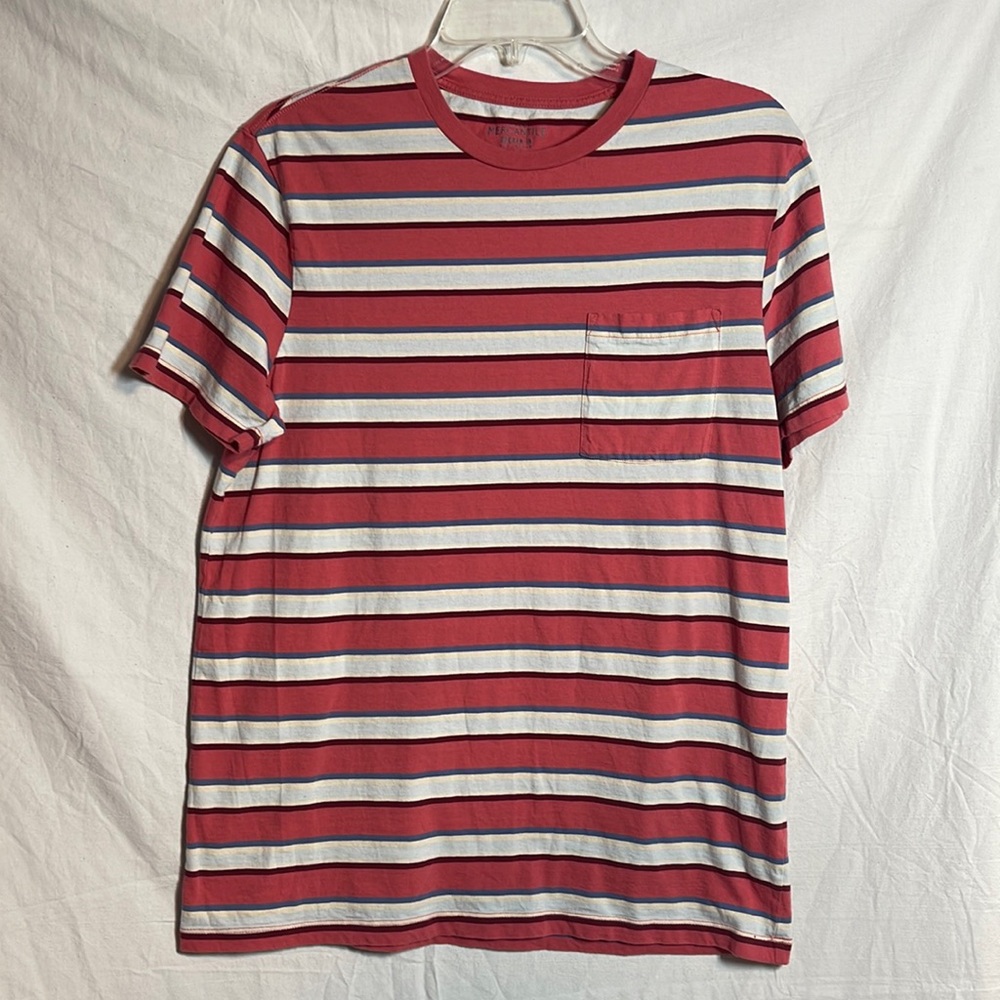 J Crew Pocket Shirt Medium Stripes Salmon Pink Blue Broken In Soft Mens Classic